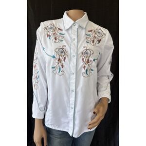 Scully White Dream Catcher Long Sleeve Shirt Women Sz L Western Pearl Snap READ*